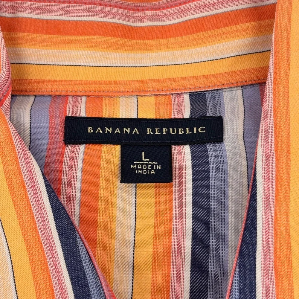 VTG Banana Republic Mens L Embroidered Striped Short Sleeve Button‎ Down Shirt
